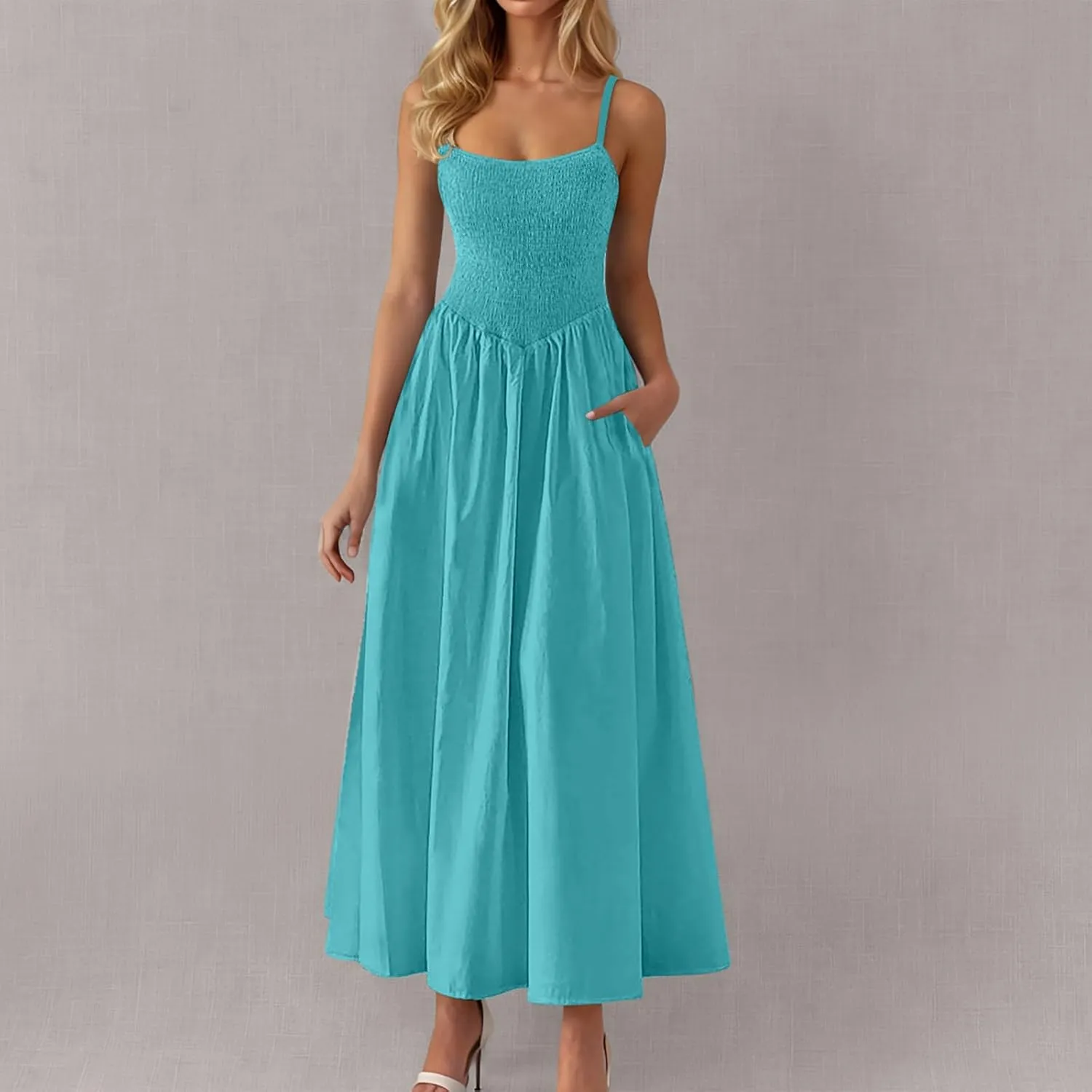 Womens Smocked Maxi Dresses 2025 Summer Trendy Beach Sundress Casual Spaghetti Strap Swing Flowy A Line Long Dress
