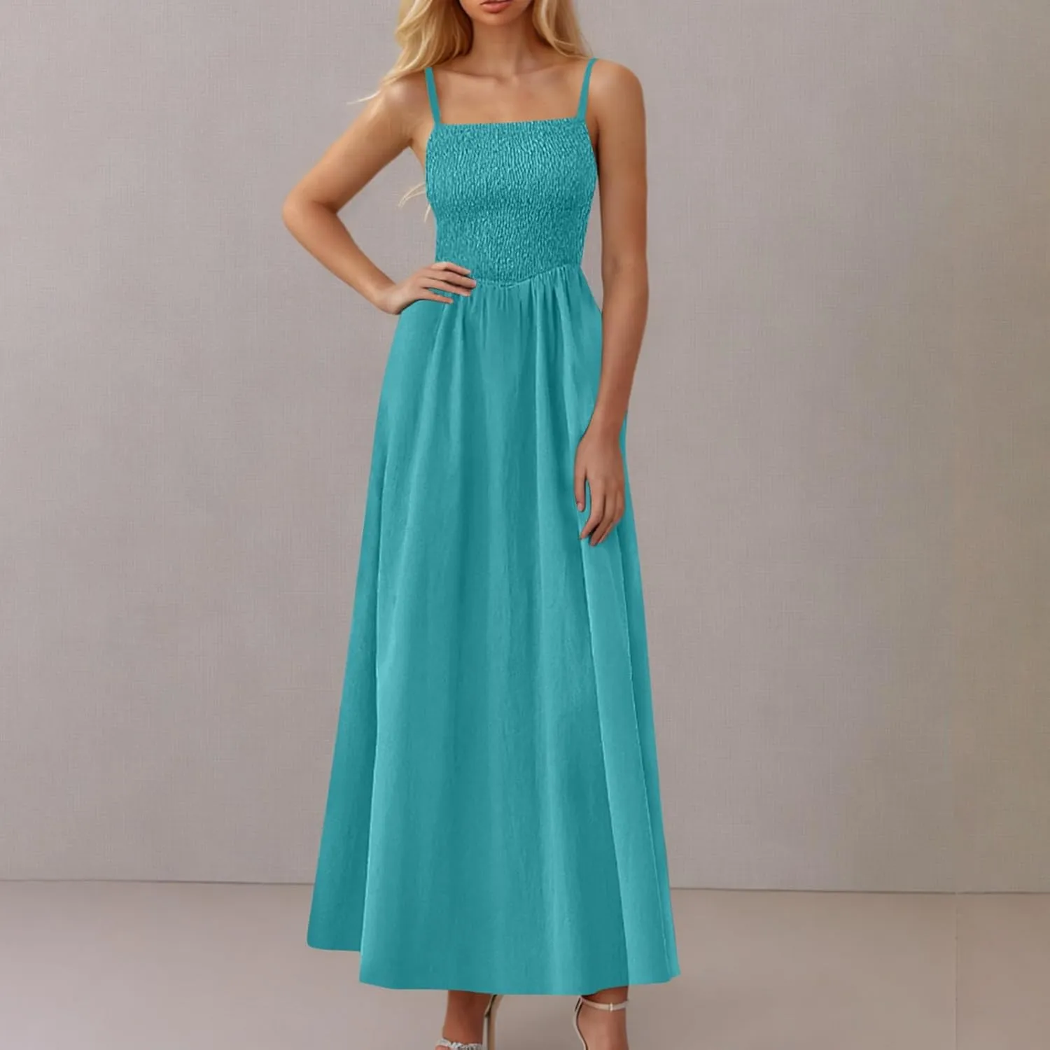 Womens Smocked Maxi Dresses 2025 Summer Trendy Beach Sundress Casual Spaghetti Strap Swing Flowy A Line Long Dress
