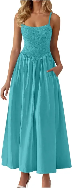 Womens Smocked Maxi Dresses 2025 Summer Trendy Beach Sundress Casual Spaghetti Strap Swing Flowy A Line Long Dress