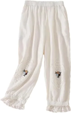 Women's Solid Color Casual Cotton and Linen Lace Stitching Embroidery Hollow Harem Pants