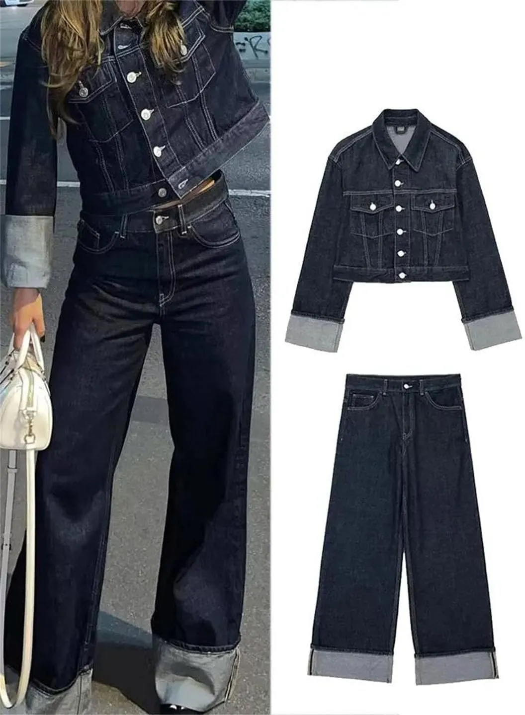 Women's Suit Retro Splicing Single-Breasted Pocket Denim Jacket High-Waisted Zippered Wide-Leg Pants 2-Piece Set