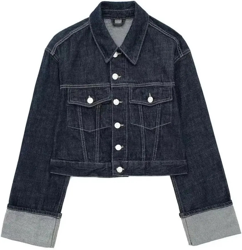 Women's Suit Retro Splicing Single-Breasted Pocket Denim Jacket High-Waisted Zippered Wide-Leg Pants 2-Piece Set