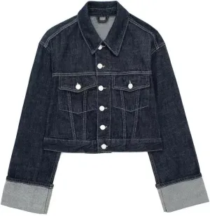 Women's Suit Retro Splicing Single-Breasted Pocket Denim Jacket High-Waisted Zippered Wide-Leg Pants 2-Piece Set