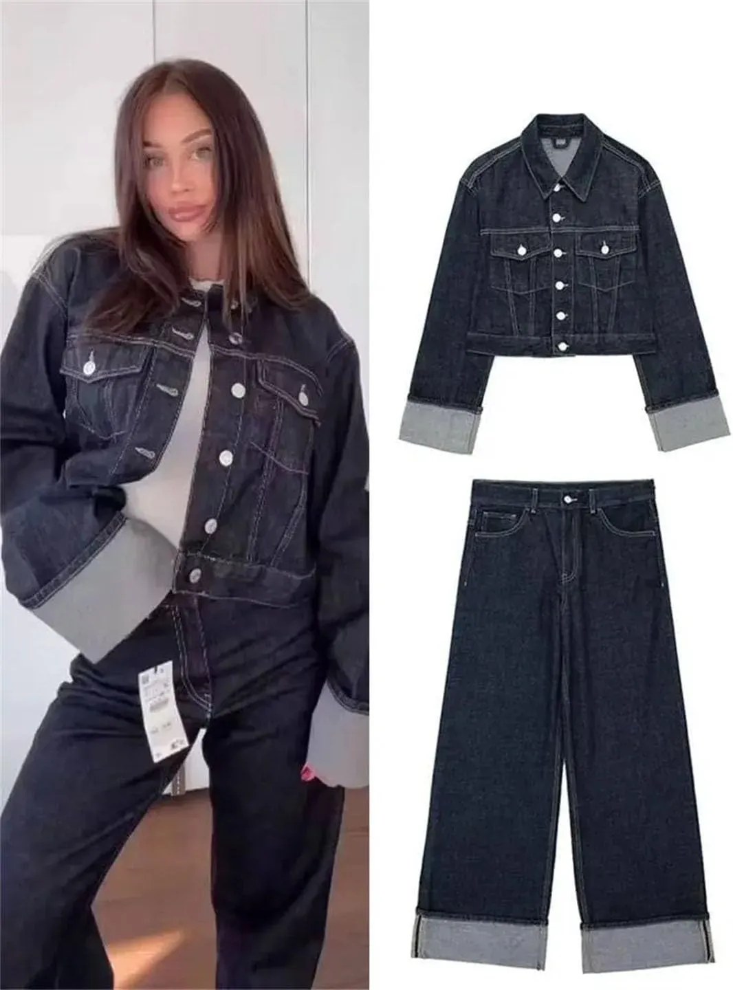Women's Suit Retro Splicing Single-Breasted Pocket Denim Jacket High-Waisted Zippered Wide-Leg Pants 2-Piece Set