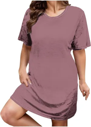 Women's Summer Beach Short Sleeve Mini Dress Casual Loose Round Neck Dresses Comfy Solid Color Short Dress Plus Size