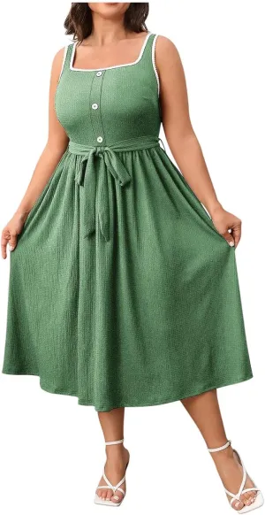 Womens Summer Dress Plus Size Sleeveless Square Neck Button Tank Sundress Casual Trendy A-Line Smocked Flowy Dresses