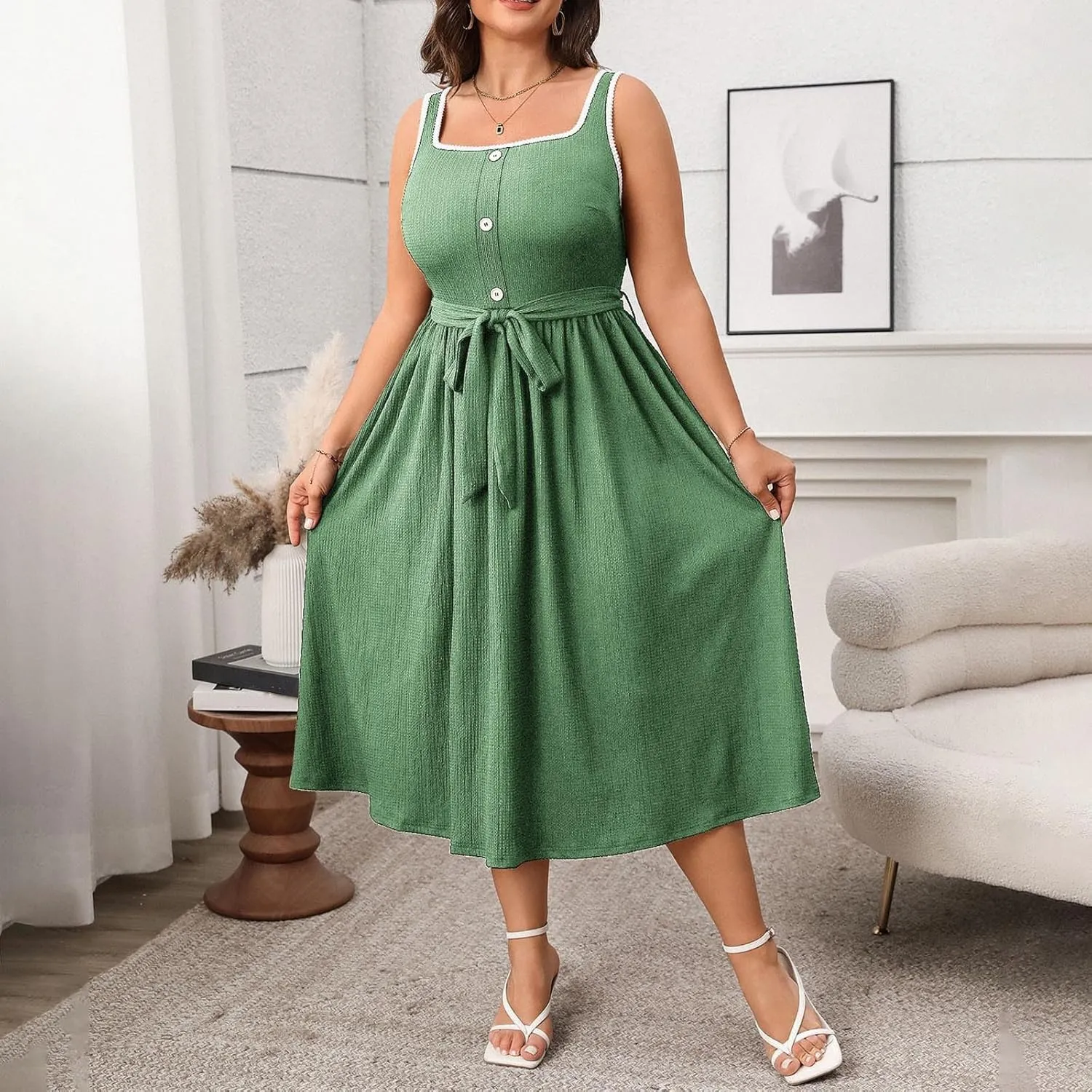 Womens Summer Dress Plus Size Sleeveless Square Neck Button Tank Sundress Casual Trendy A-Line Smocked Flowy Dresses
