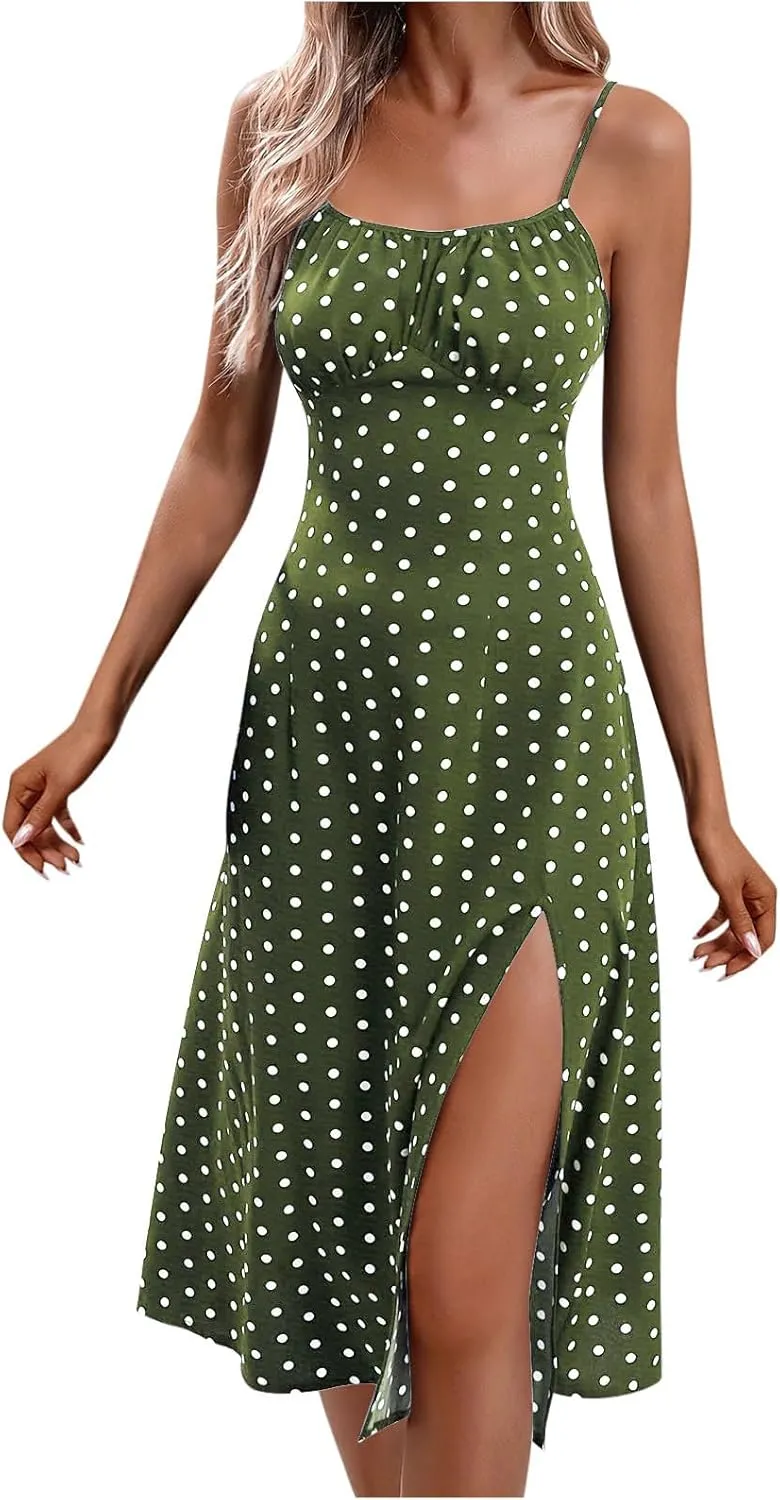 Womens Summer Dresses Empire Waist Polka Dots Spaghetti Strap Sundress Side Split Wedding Guest A-Line Midi Dress