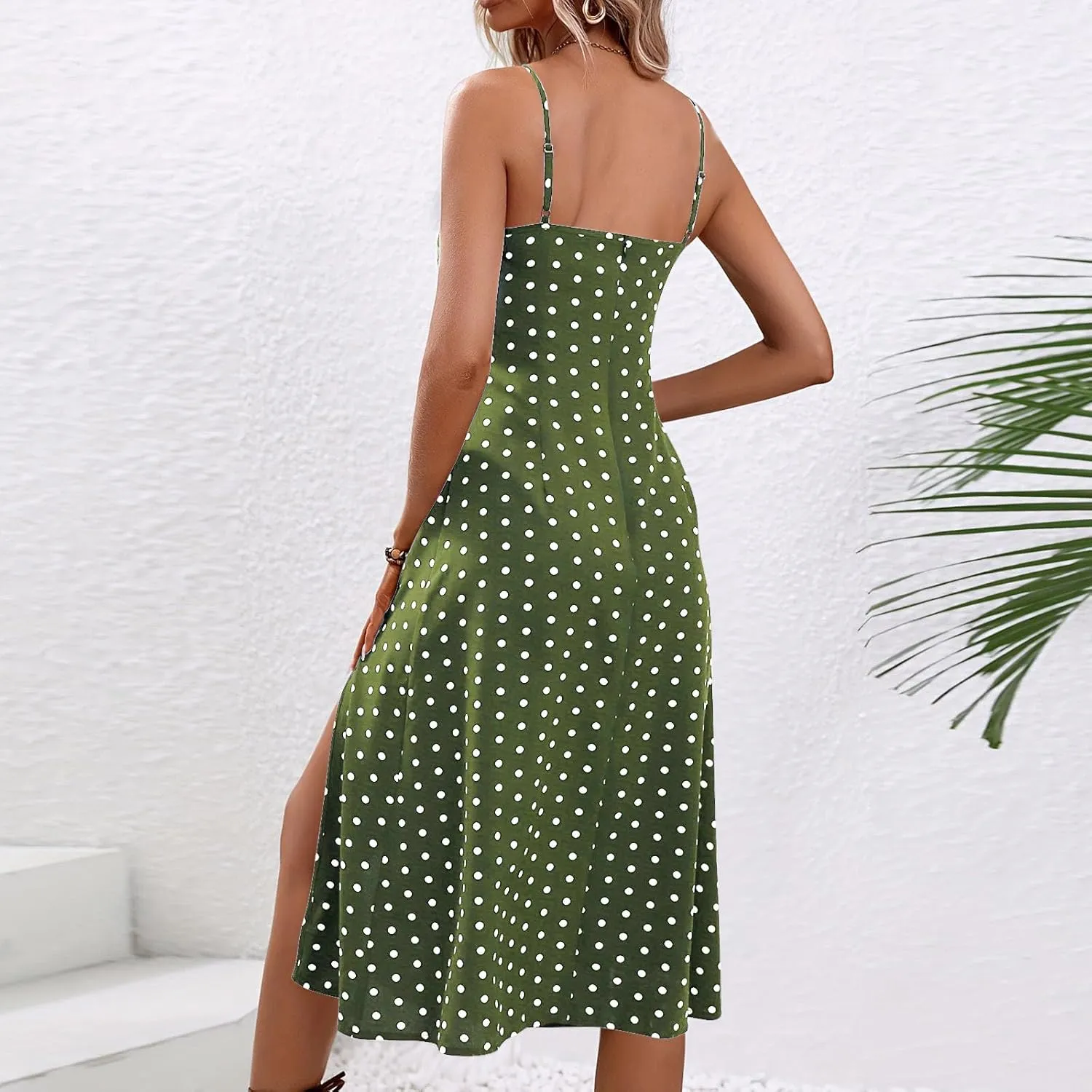 Womens Summer Dresses Empire Waist Polka Dots Spaghetti Strap Sundress Side Split Wedding Guest A-Line Midi Dress