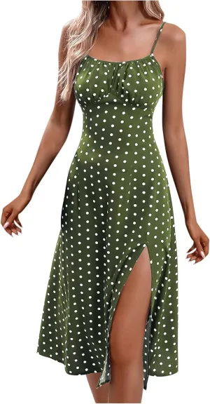 Womens Summer Dresses Empire Waist Polka Dots Spaghetti Strap Sundress Side Split Wedding Guest A-Line Midi Dress