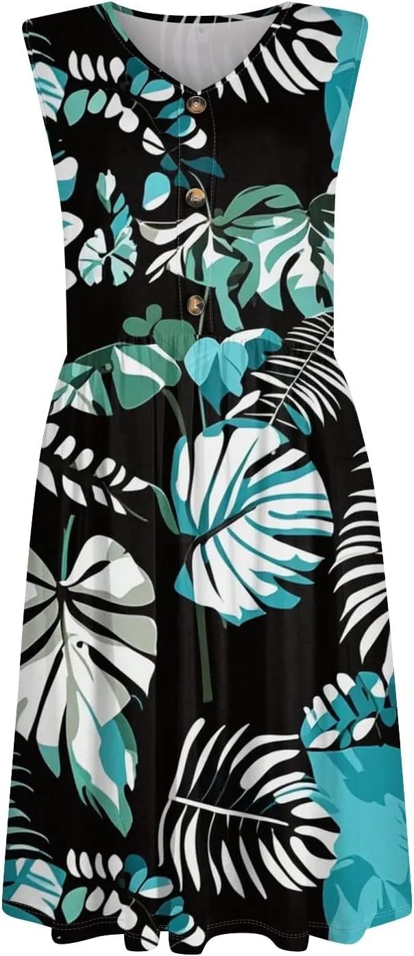 Womens Summer Dresses printedTshirt Tank Dresses Beach Loose Sundresses Casual Sleeveless Mini Dress with Pockets