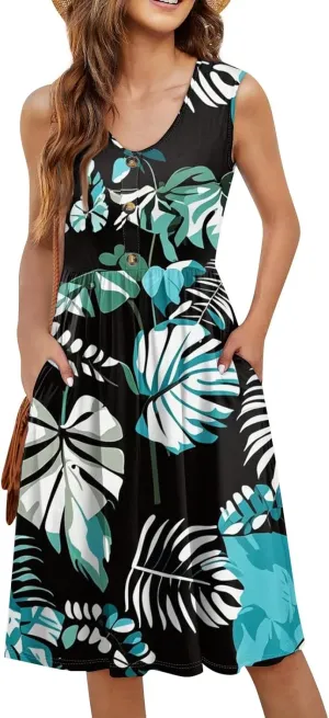 Womens Summer Dresses printedTshirt Tank Dresses Beach Loose Sundresses Casual Sleeveless Mini Dress with Pockets