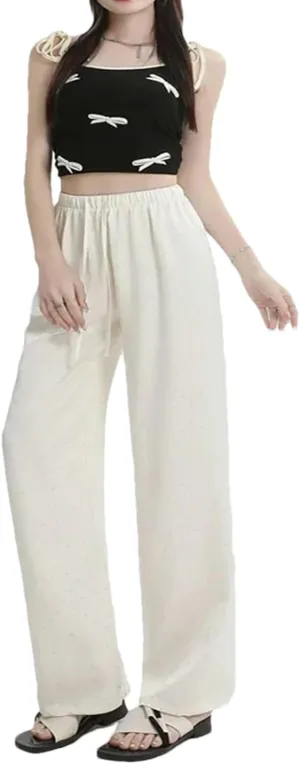 Women's Summer Ice Silk Pants High Waist Straight Casual Trousers Loose Wide-Leg Pants