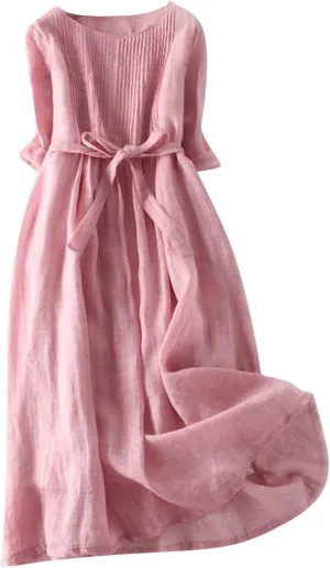 Women's Summer Long Dress Frill Front Cotton Linen Gauze Dresses 3/4 Sleeve Round Neck Flowy Midi Dress with Belt