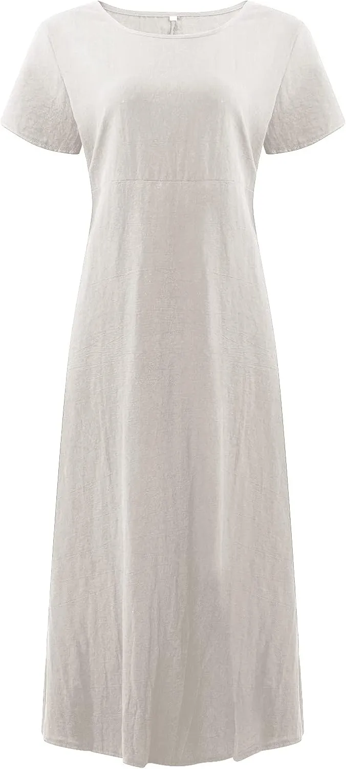 Womens Summer Midi Dresses Casual Short Sleeve A-Line Cotton Linen Dress Flowly Beach Tunic Sundresses with Pockets