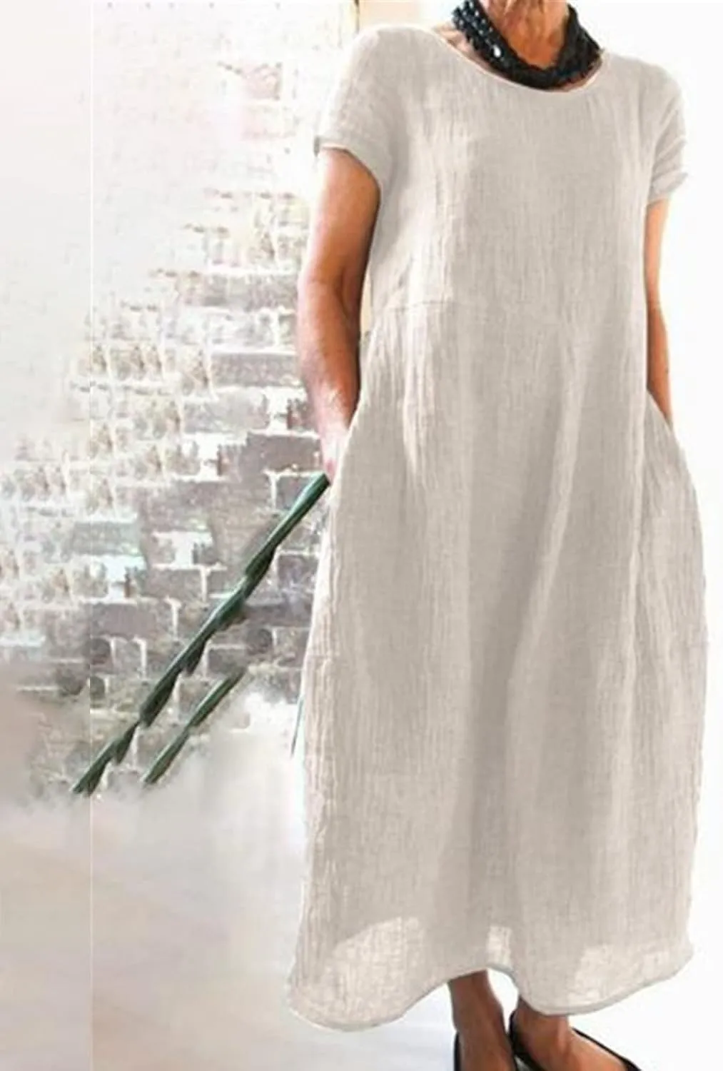 Womens Summer Midi Dresses Casual Short Sleeve A-Line Cotton Linen Dress Flowly Beach Tunic Sundresses with Pockets