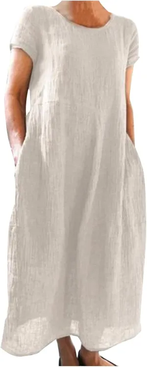 Womens Summer Midi Dresses Casual Short Sleeve A-Line Cotton Linen Dress Flowly Beach Tunic Sundresses with Pockets