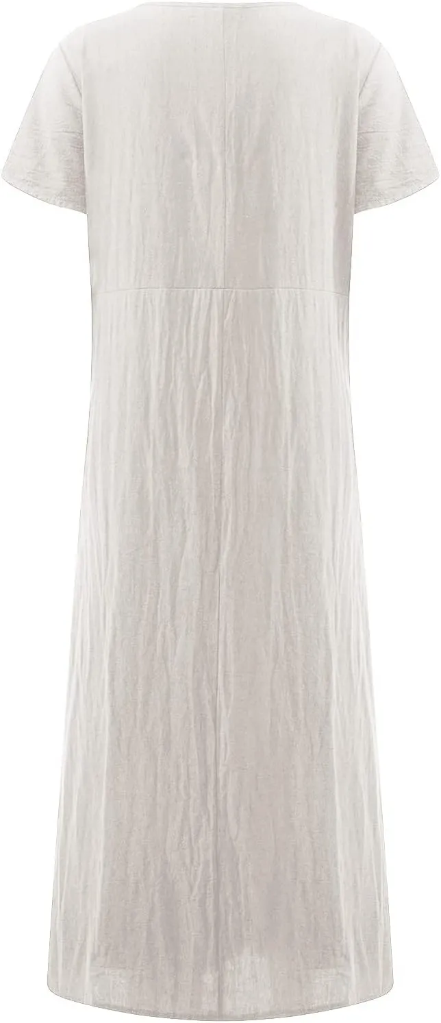 Womens Summer Midi Dresses Casual Short Sleeve A-Line Cotton Linen Dress Flowly Beach Tunic Sundresses with Pockets