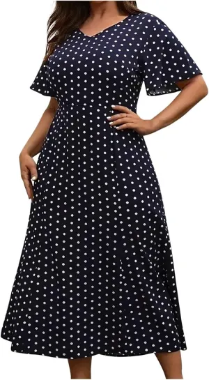 Womens Summer Plus Size Midi Dress Casual Print V-Neck Short Sleeves Flowy Retro Tunic Dress Wedding Guest Dresses