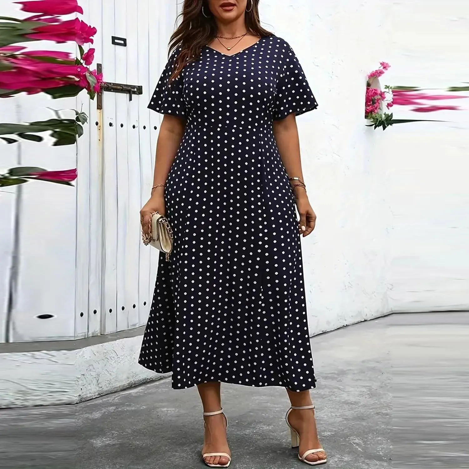 Womens Summer Plus Size Midi Dress Casual Print V-Neck Short Sleeves Flowy Retro Tunic Dress Wedding Guest Dresses