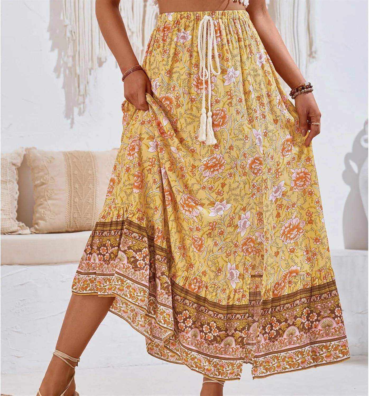 Women's Summer Skirt High Waist Flowy A Line Boho Skirt Maxi Skirt