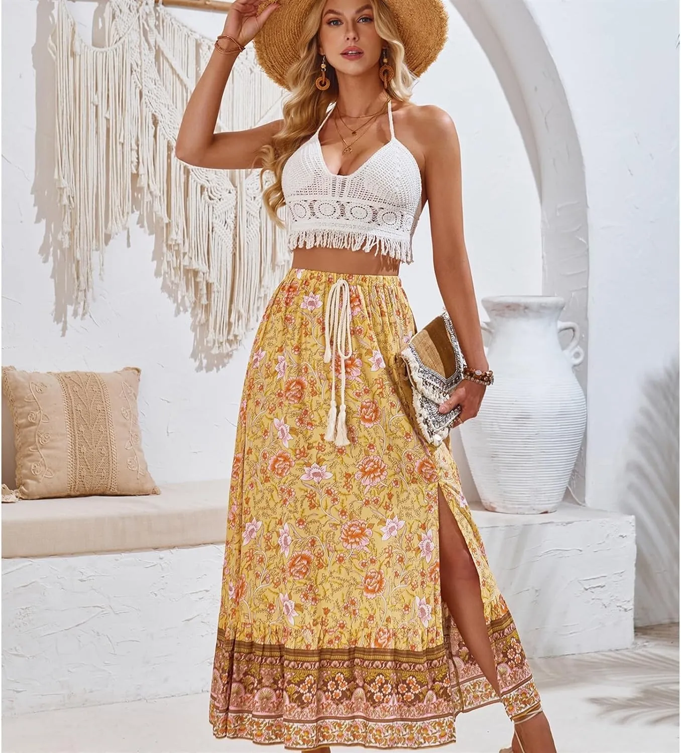 Women's Summer Skirt High Waist Flowy A Line Boho Skirt Maxi Skirt
