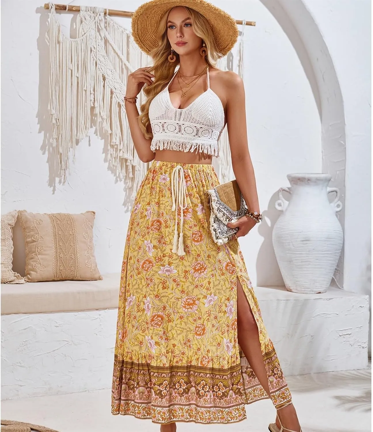 Women's Summer Skirt High Waist Flowy A Line Boho Skirt Maxi Skirt