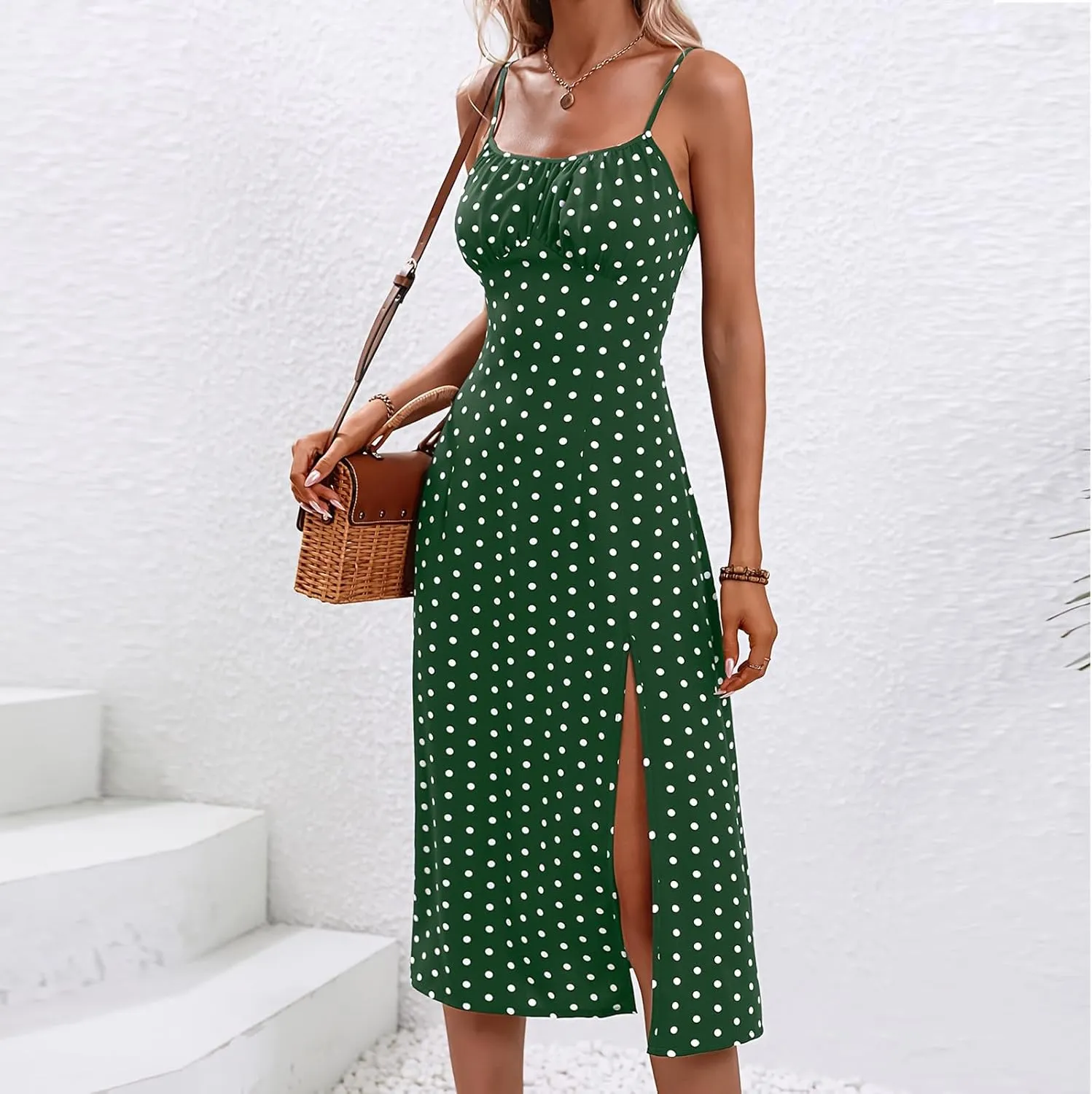 Women's Summer Split Thigh Spaghetti Strap Cami Midi Floral Dress Sleeveless Polka Dot Beach Slim Fit Sundresses
