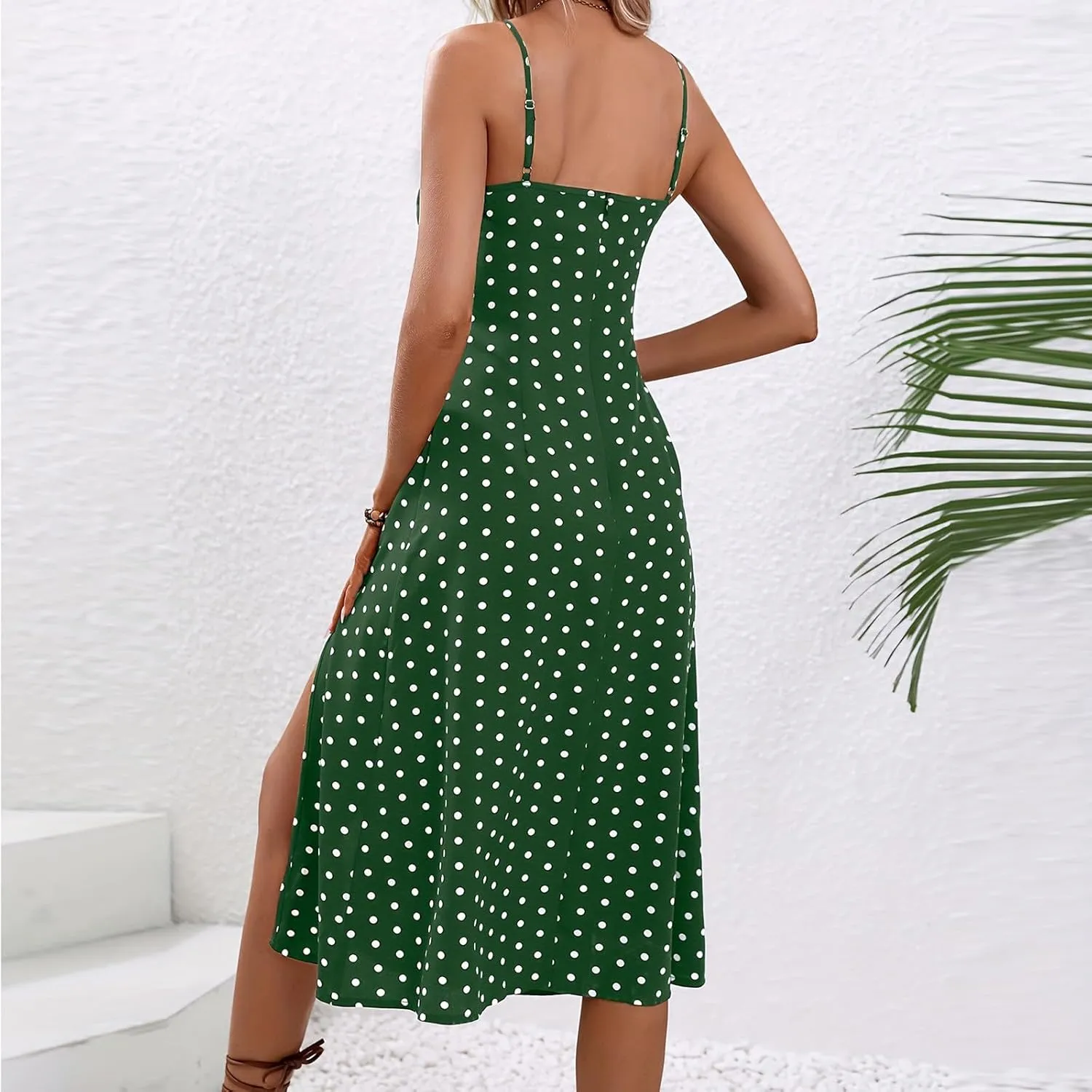 Women's Summer Split Thigh Spaghetti Strap Cami Midi Floral Dress Sleeveless Polka Dot Beach Slim Fit Sundresses