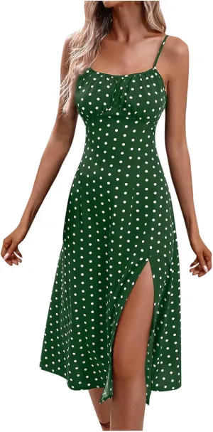Women's Summer Split Thigh Spaghetti Strap Cami Midi Floral Dress Sleeveless Polka Dot Beach Slim Fit Sundresses