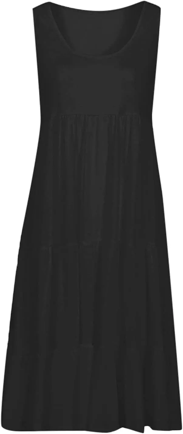 Women's Summer Sun Dresses Tiered Ruffle Sundress Scoop Neck Sleeveless Tank Dress Sexy Casual Flowy Beach