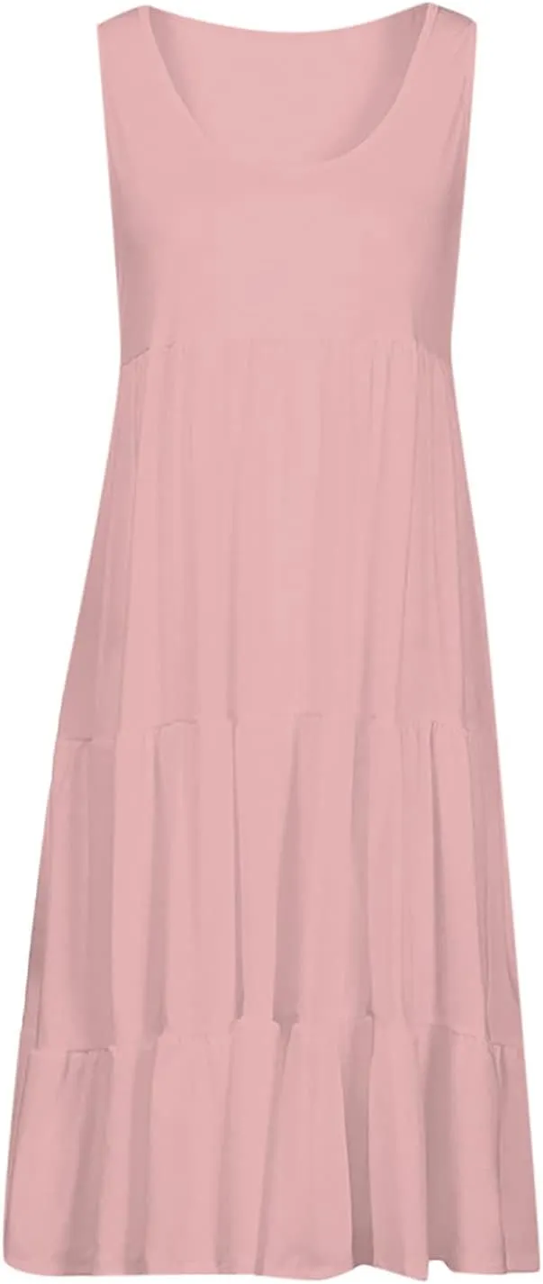 Women's Summer Sun Dresses Tiered Ruffle Sundress Scoop Neck Sleeveless Tank Dress Sexy Casual Flowy Beach