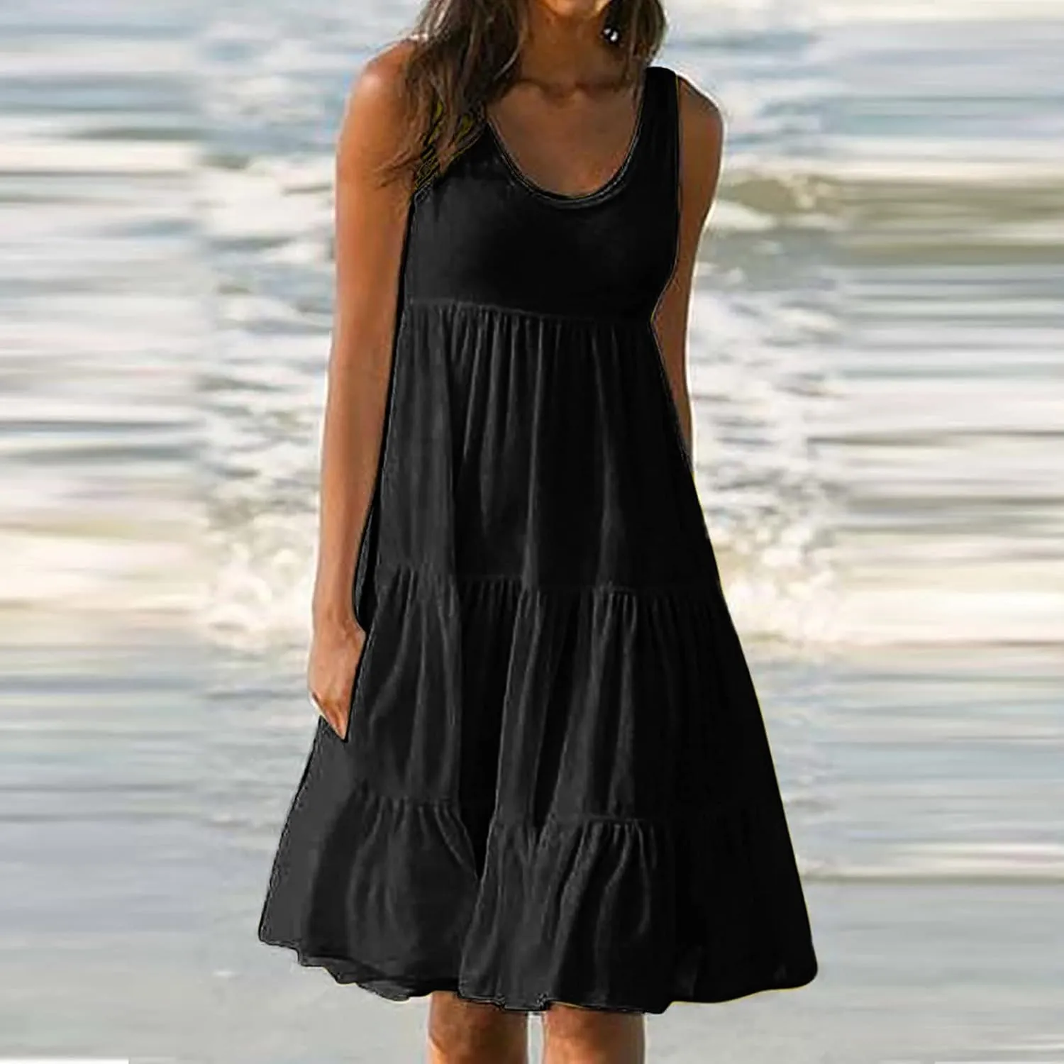 Women's Summer Sun Dresses Tiered Ruffle Sundress Scoop Neck Sleeveless Tank Dress Sexy Casual Flowy Beach