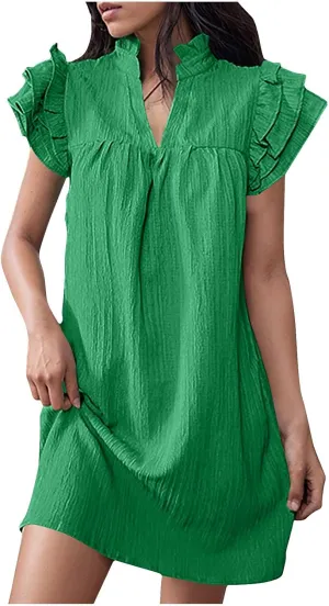 Womens Summer V-Neck Dress Ruffle Cap Short Sleeve Sundress Loose Mini T-Shirt Dresses Cotton Linen Tunic