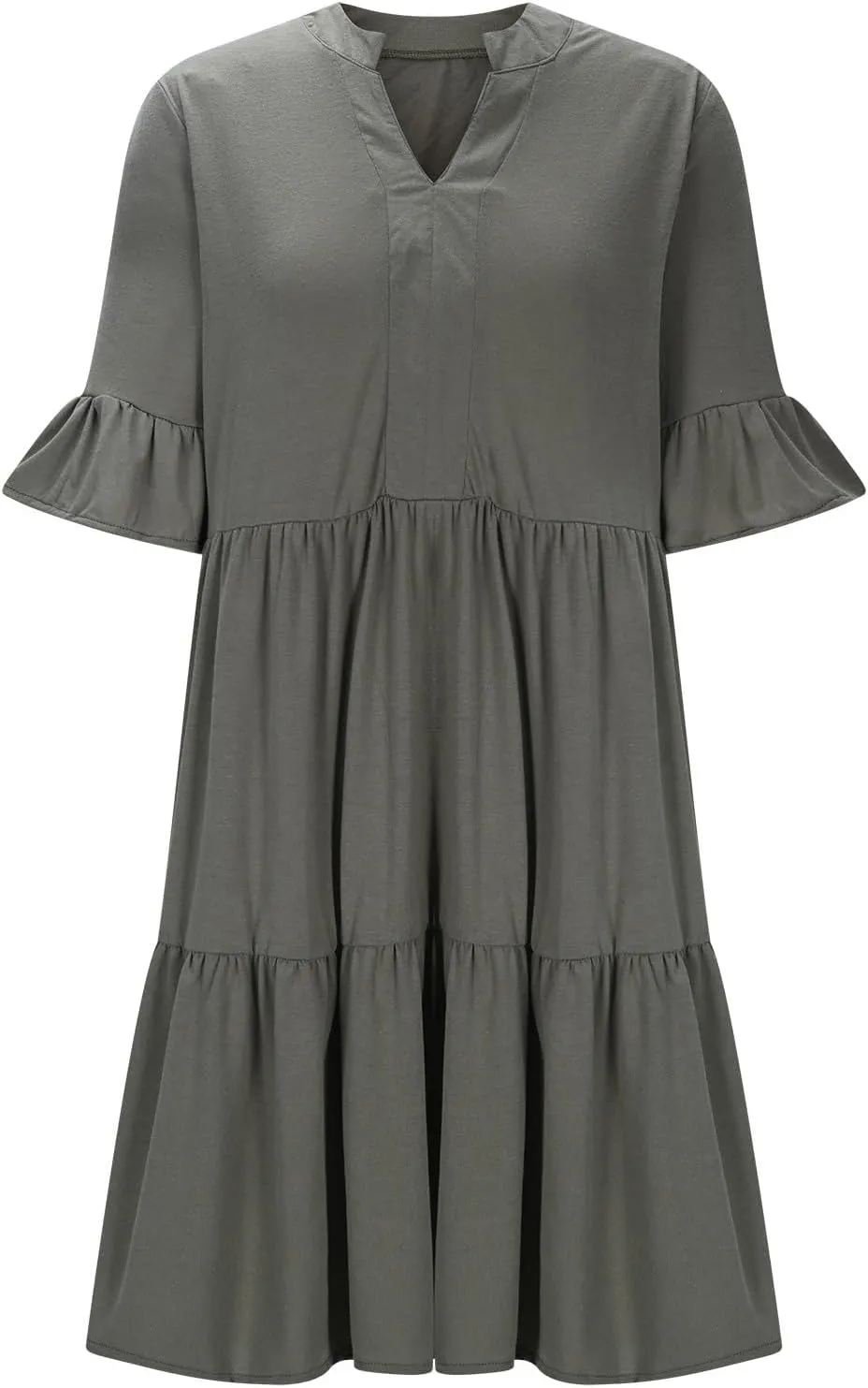 Women's Summer V Neck Shirt Dress Casual Flutter Bell Short Sleeve A-Line Swing Tiered Ruffle Mini Dresses with Pockets