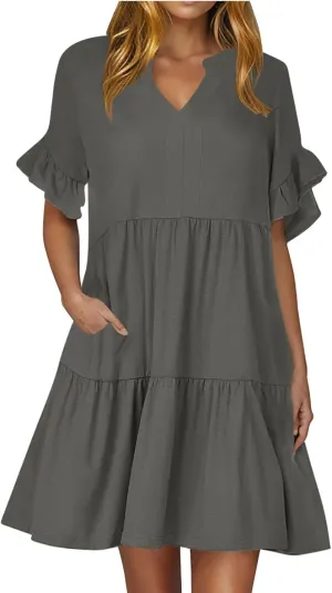 Women's Summer V Neck Shirt Dress Casual Flutter Bell Short Sleeve A-Line Swing Tiered Ruffle Mini Dresses with Pockets