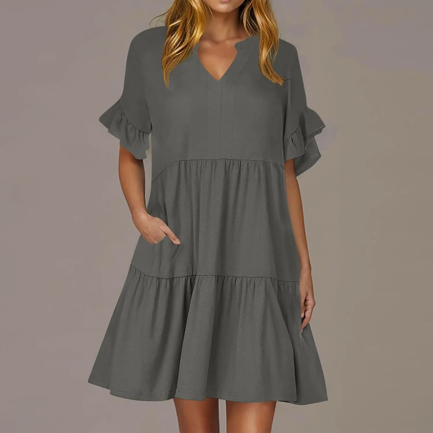 Women's Summer V Neck Shirt Dress Casual Flutter Bell Short Sleeve A-Line Swing Tiered Ruffle Mini Dresses with Pockets
