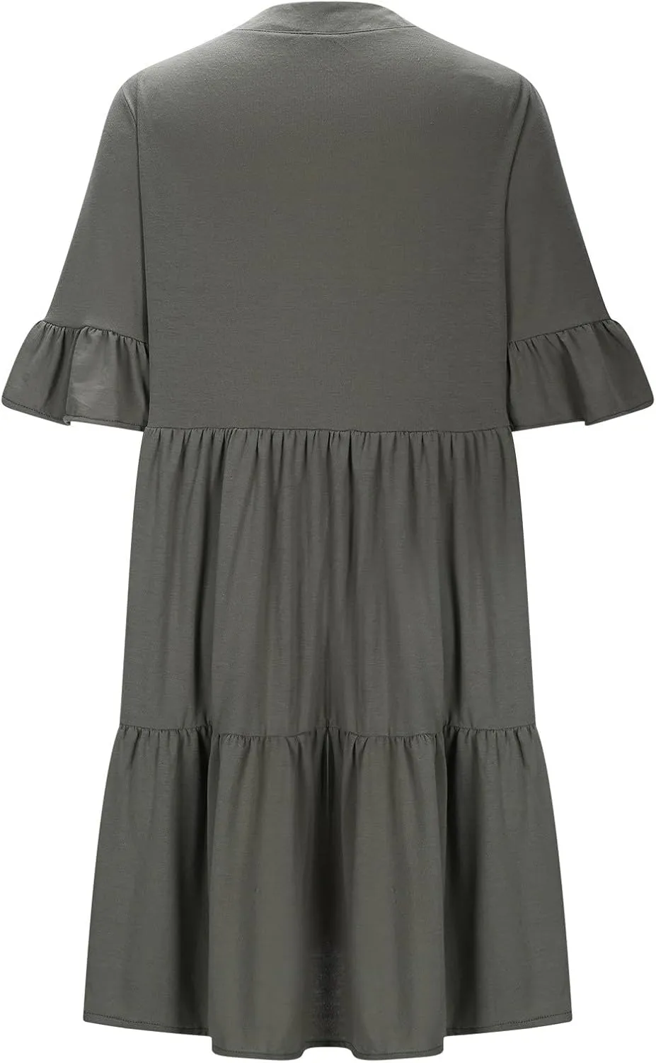 Women's Summer V Neck Shirt Dress Casual Flutter Bell Short Sleeve A-Line Swing Tiered Ruffle Mini Dresses with Pockets