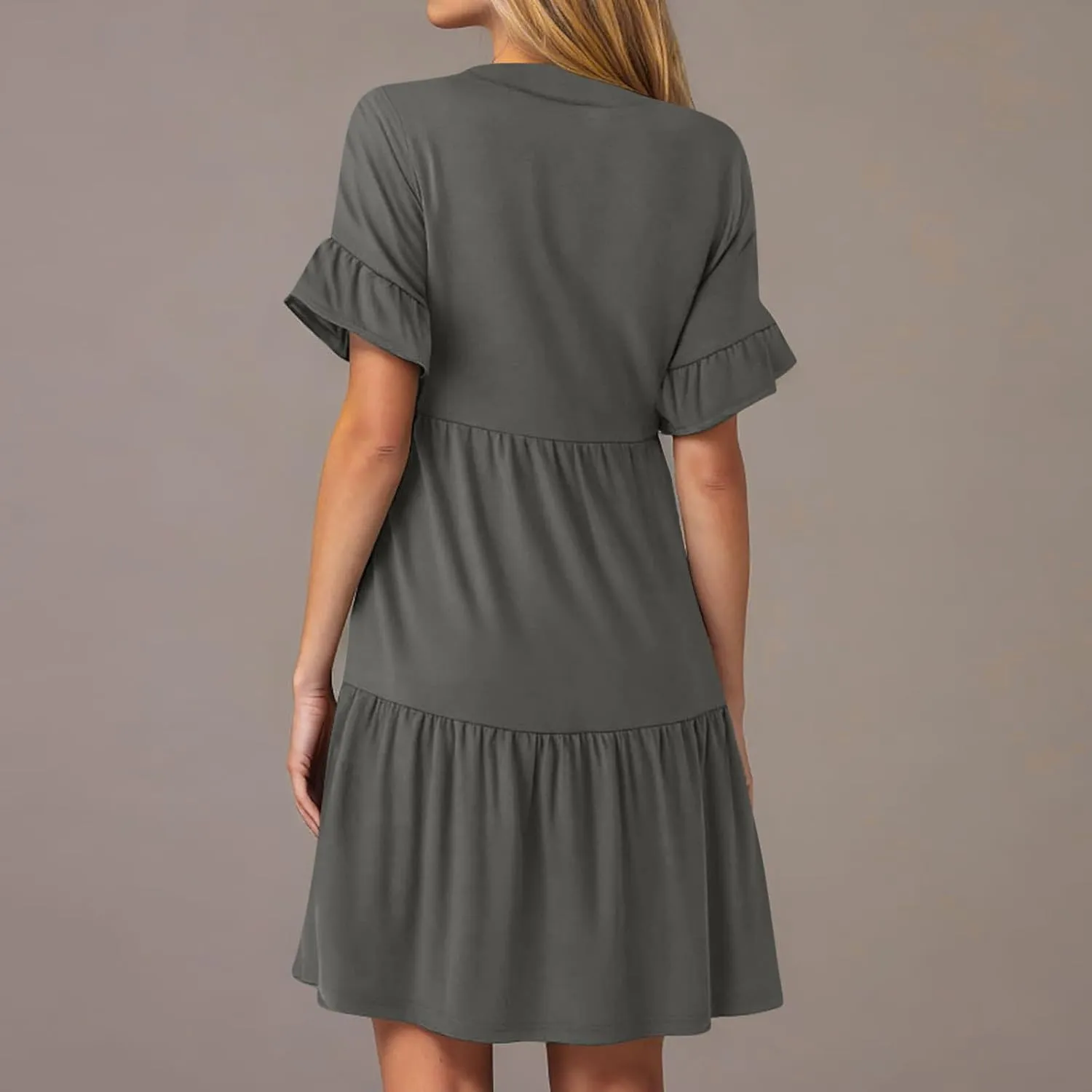 Women's Summer V Neck Shirt Dress Casual Flutter Bell Short Sleeve A-Line Swing Tiered Ruffle Mini Dresses with Pockets