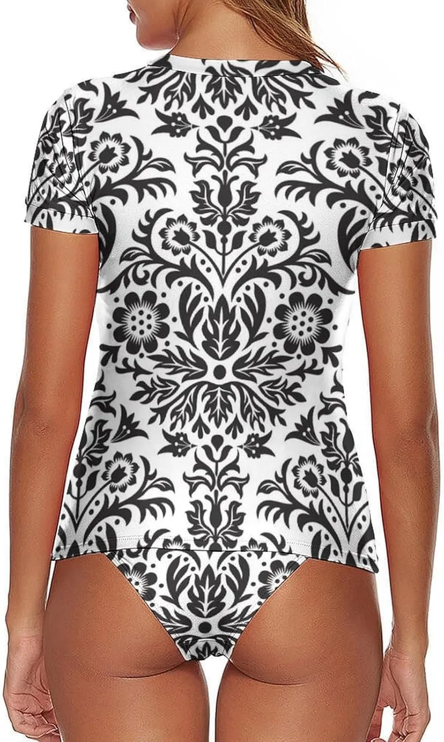 Women's Two Piece Rash Guard Short Sleeve Swim Shirt Built in Bra Bathing Suit with Bottoms