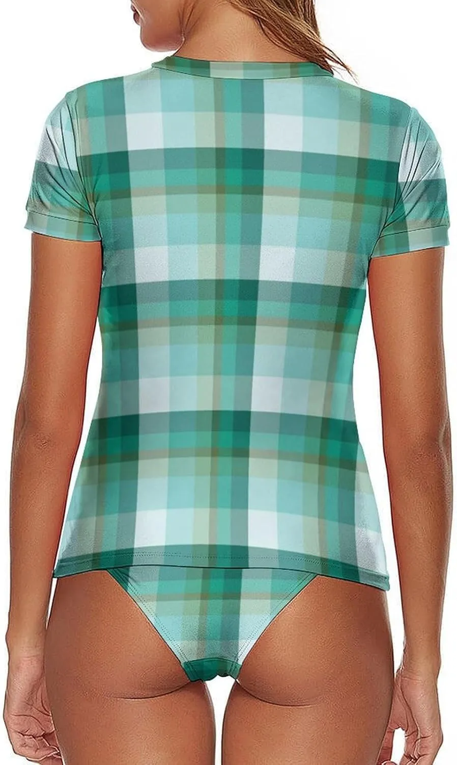 Women's Two Piece Rash Guard Short Sleeve Swim Shirt Built in Bra Bathing Suit with Bottoms