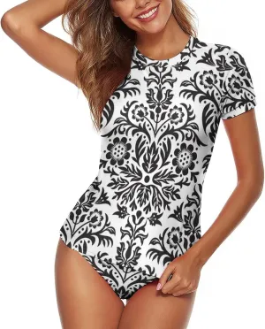 Women's Two Piece Rash Guard Short Sleeve Swim Shirt Built in Bra Bathing Suit with Bottoms