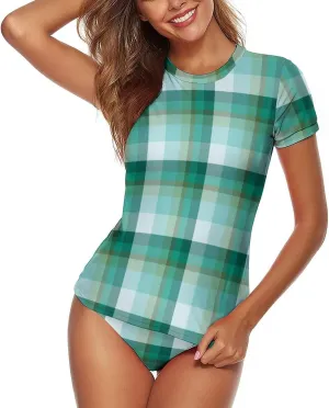 Women's Two Piece Rash Guard Short Sleeve Swim Shirt Built in Bra Bathing Suit with Bottoms