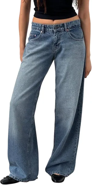 Women's Wide Leg Boyfriend Denim Pants - Low Rise Baggy Casual Loose Jeans - Y2K E-Girl Style
