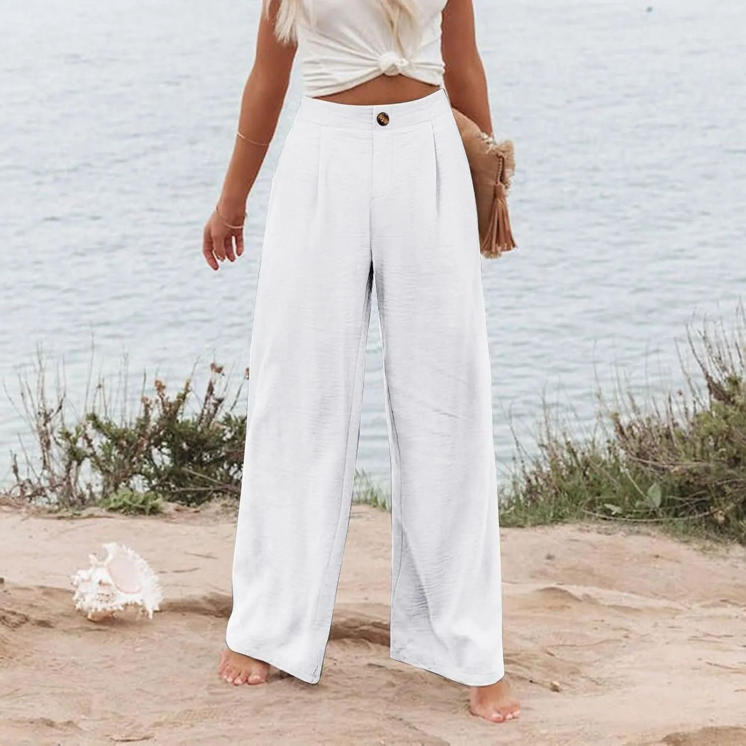 Women's Wide Leg Work Pants High Elastic Waist Casual Lounge Pant Linen Palazzo Trousers Trousers with Zipper Pockets