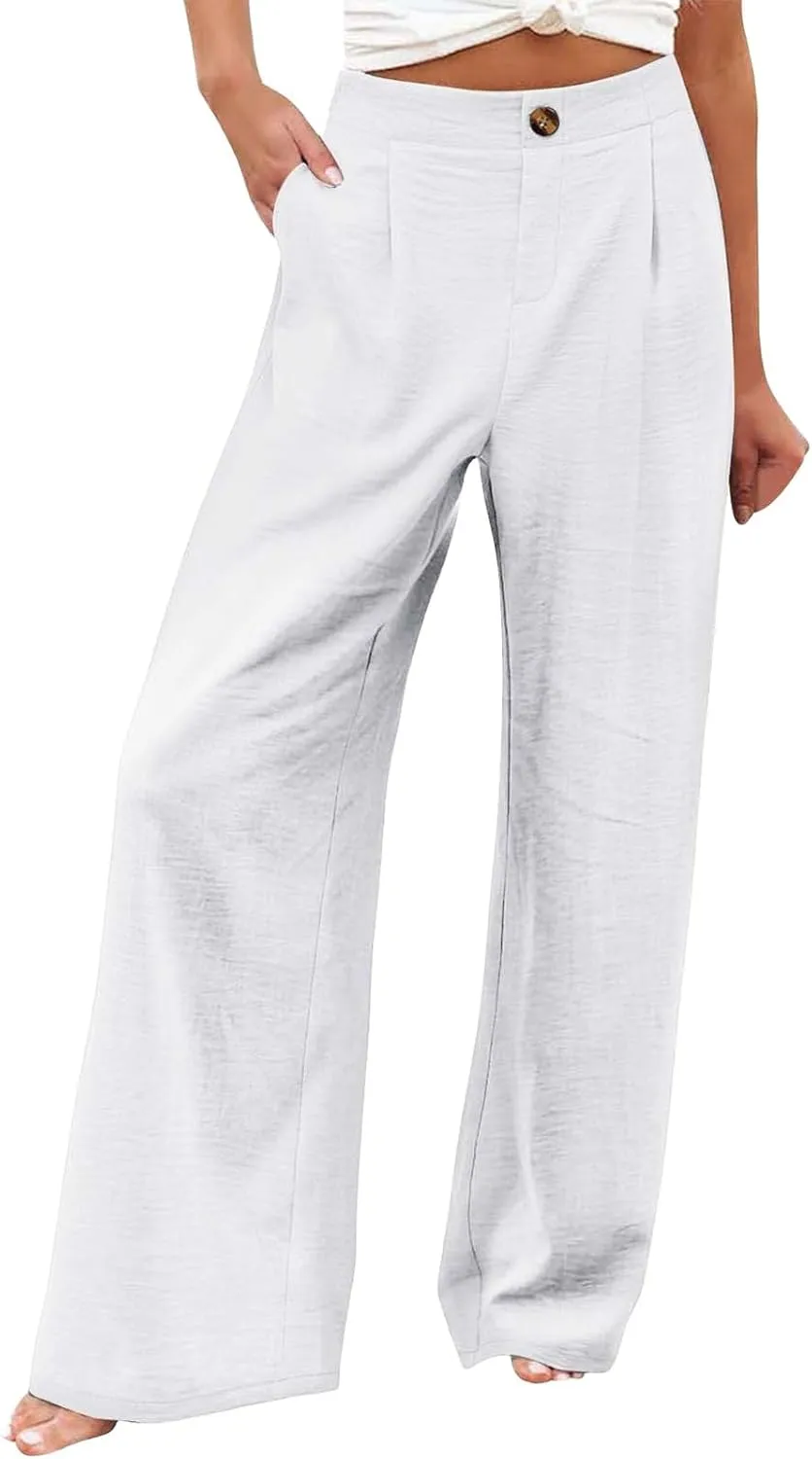 Women's Wide Leg Work Pants High Elastic Waist Casual Lounge Pant Linen Palazzo Trousers Trousers with Zipper Pockets
