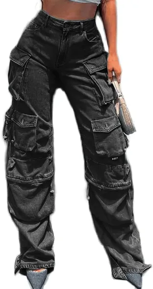 Womens Y2K Jeans Baggy High Waisted Cargo Denim Pants Straight Wide Leg with Flap Pockets