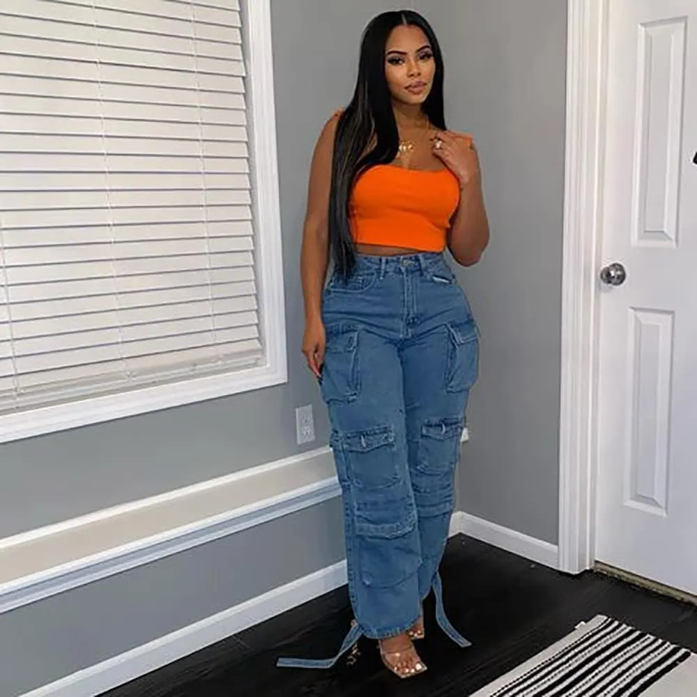 Womens Y2K Jeans Baggy High Waisted Cargo Denim Pants Straight Wide Leg with Flap Pockets
