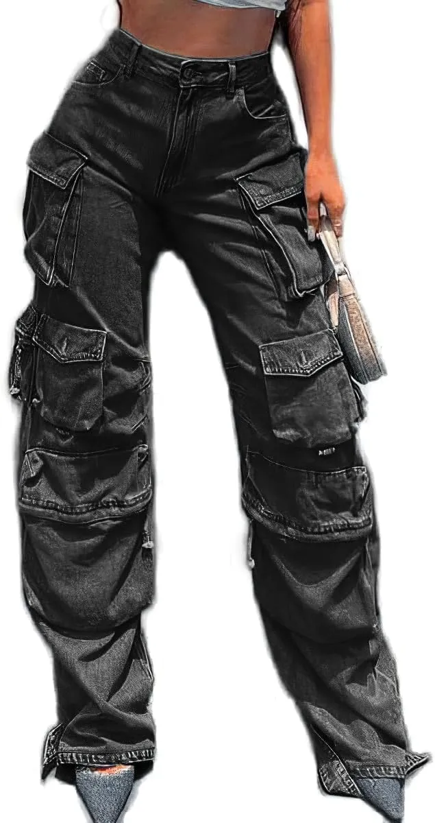 Womens Y2K Jeans Baggy High Waisted Cargo Denim Pants Straight Wide Leg with Flap Pockets
