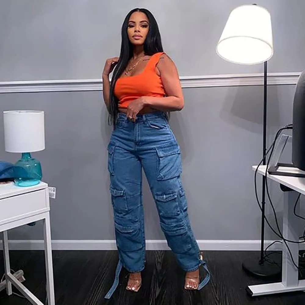 Womens Y2K Jeans Baggy High Waisted Cargo Denim Pants Straight Wide Leg with Flap Pockets